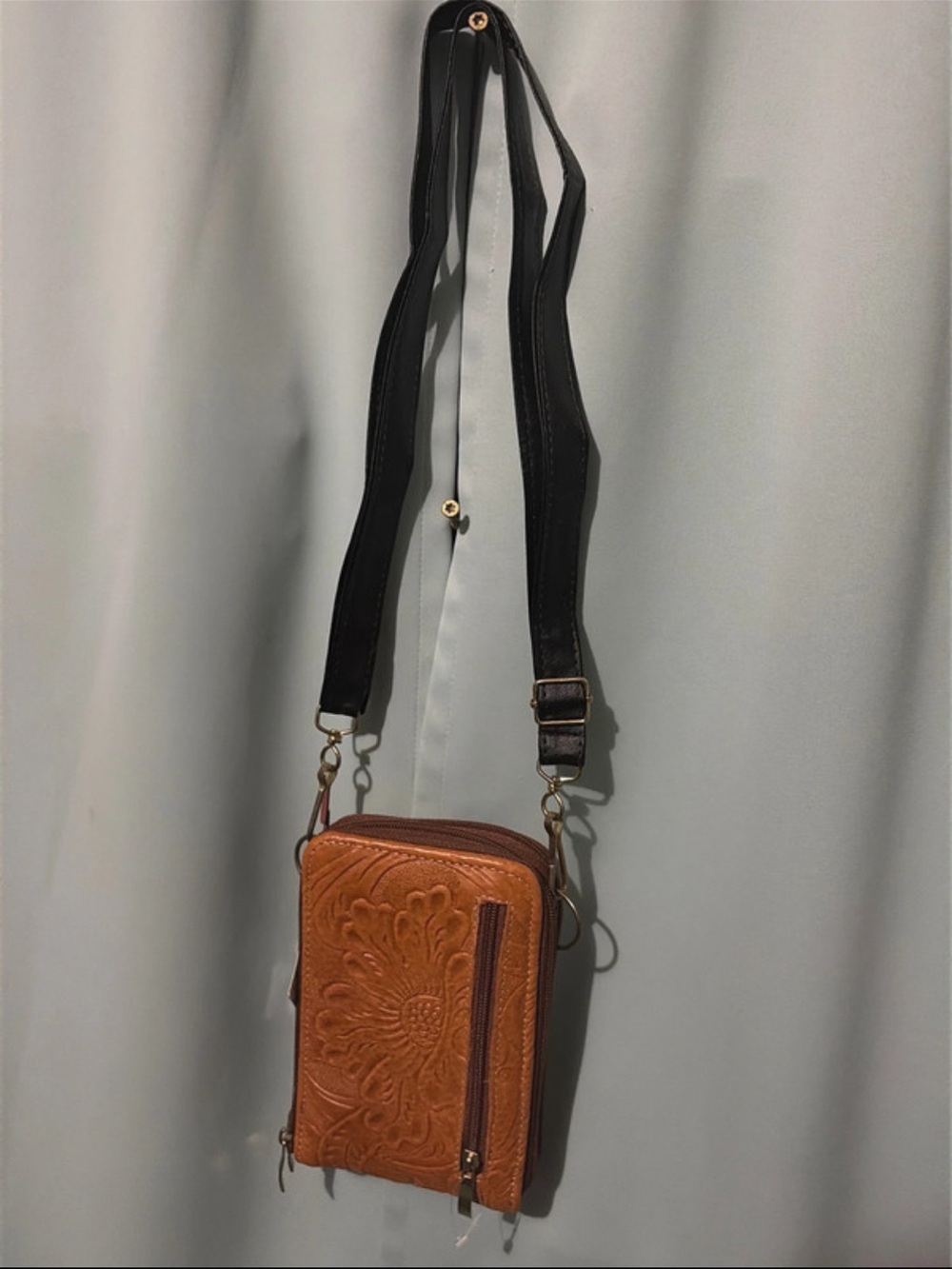 Embossed Brown Leather Crossbody Bag with Adjustable Strap
